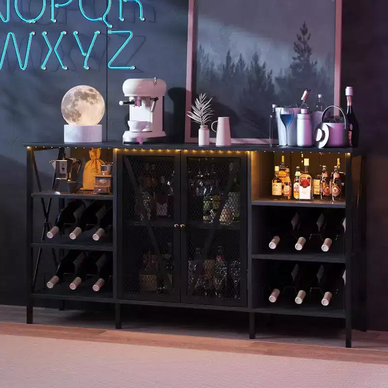 55 Inch Farmhouse Wine Bar Cabinet with Metal Frame, Rustic Industrial Design with Wine Rack and Glass Holder, Multi-Purpose Storage for Living Room