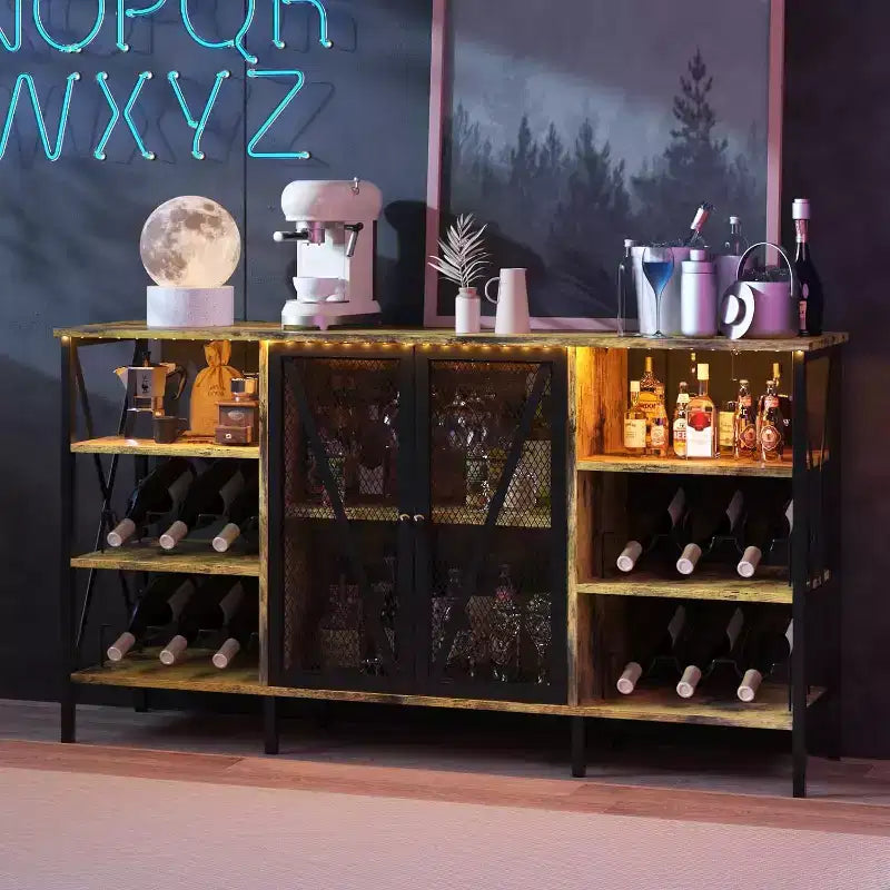 55 Inch Farmhouse Wine Bar Cabinet with Metal Frame, Rustic Industrial Design with Wine Rack and Glass Holder, Multi-Purpose Storage for Living Room