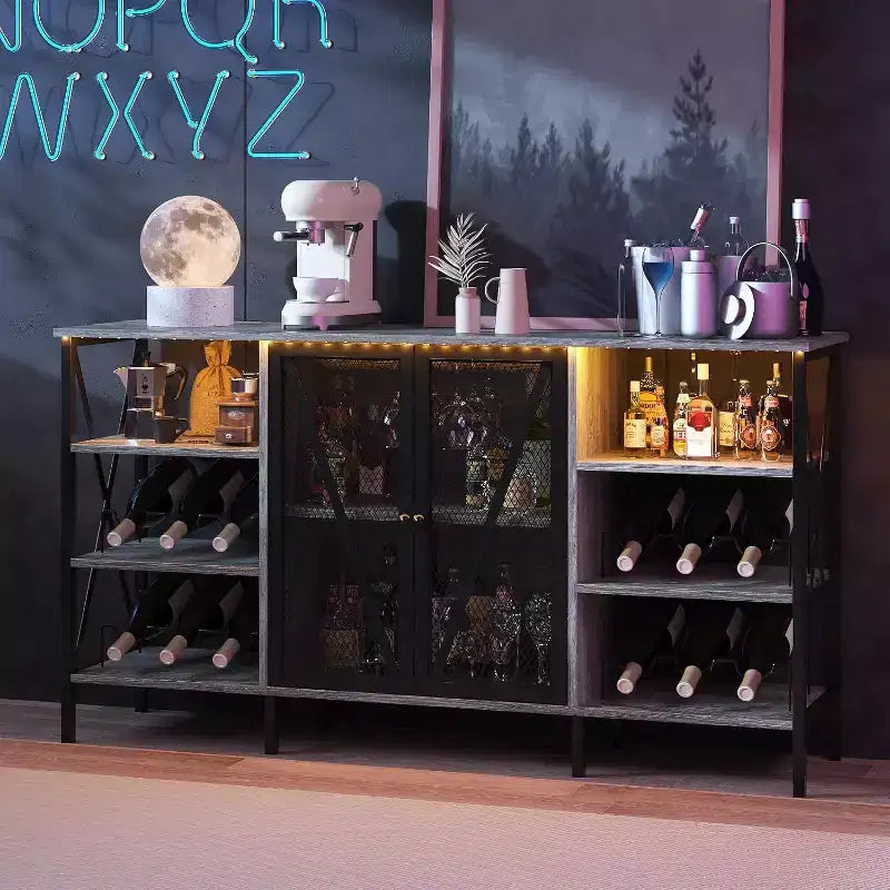 55 Inch Farmhouse Wine Bar Cabinet with Metal Frame, Rustic Industrial Design with Wine Rack and Glass Holder, Multi-Purpose Storage for Living Room