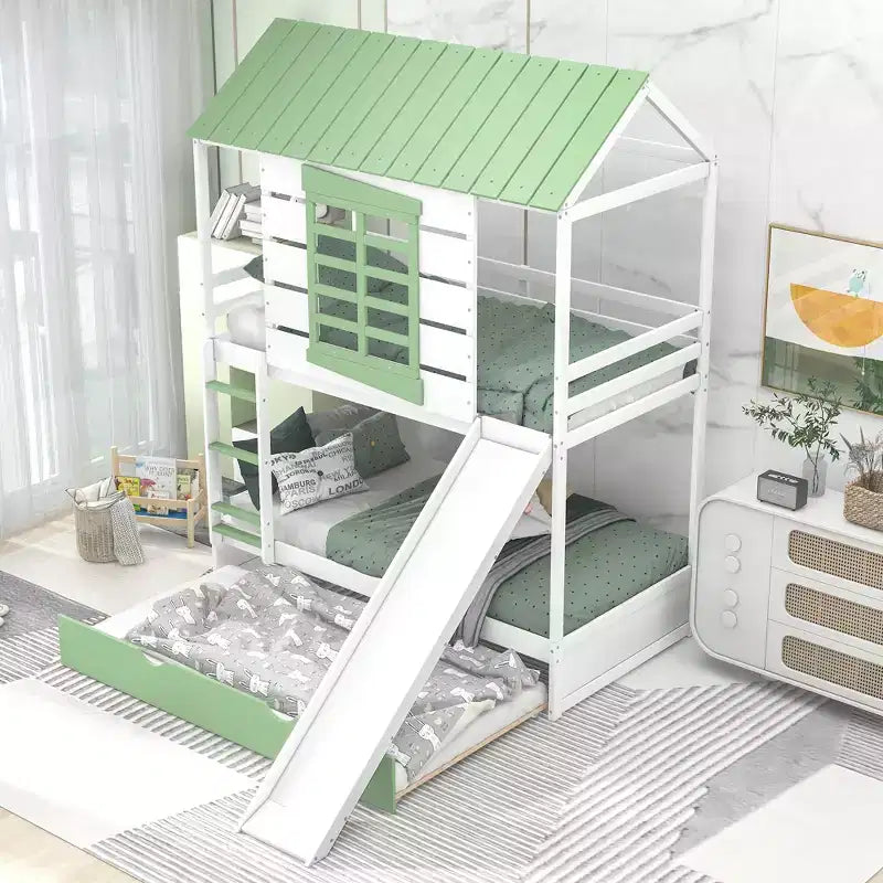 Twin over Twin Size Bunk Bed Playful Loft Bed Kids House Bed with Convertible Slide and Trundle, White+Green - ModernLuxe