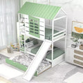 Twin over Twin Size Bunk Bed Playful Loft Bed Kids House Bed with Convertible Slide and Trundle, White+Green - ModernLuxe