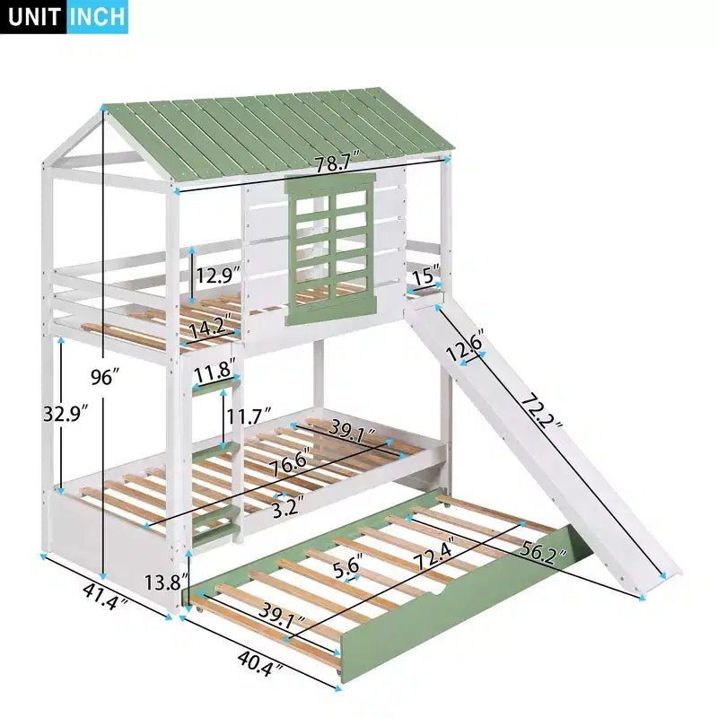Twin over Twin Bunk Bed with Convertible Slide and Trundle, White+Green