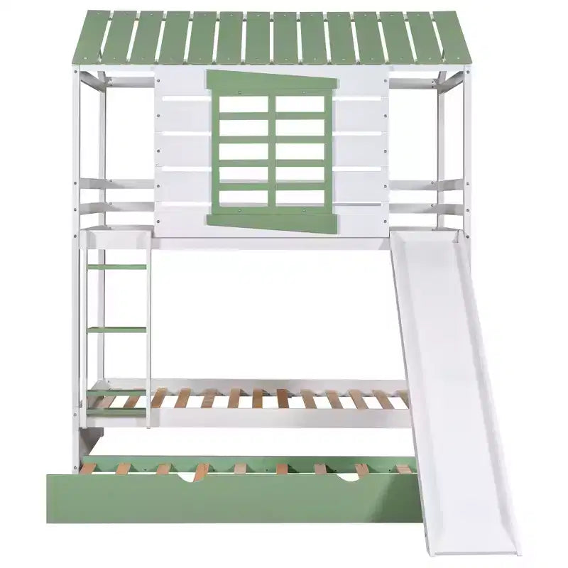 Twin over Twin Bunk Bed with Convertible Slide and Trundle, White+Green
