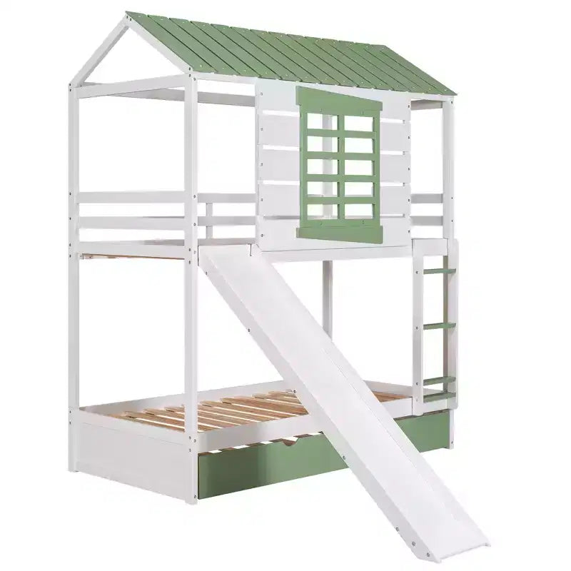 Twin over Twin Bunk Bed with Convertible Slide and Trundle, White+Green