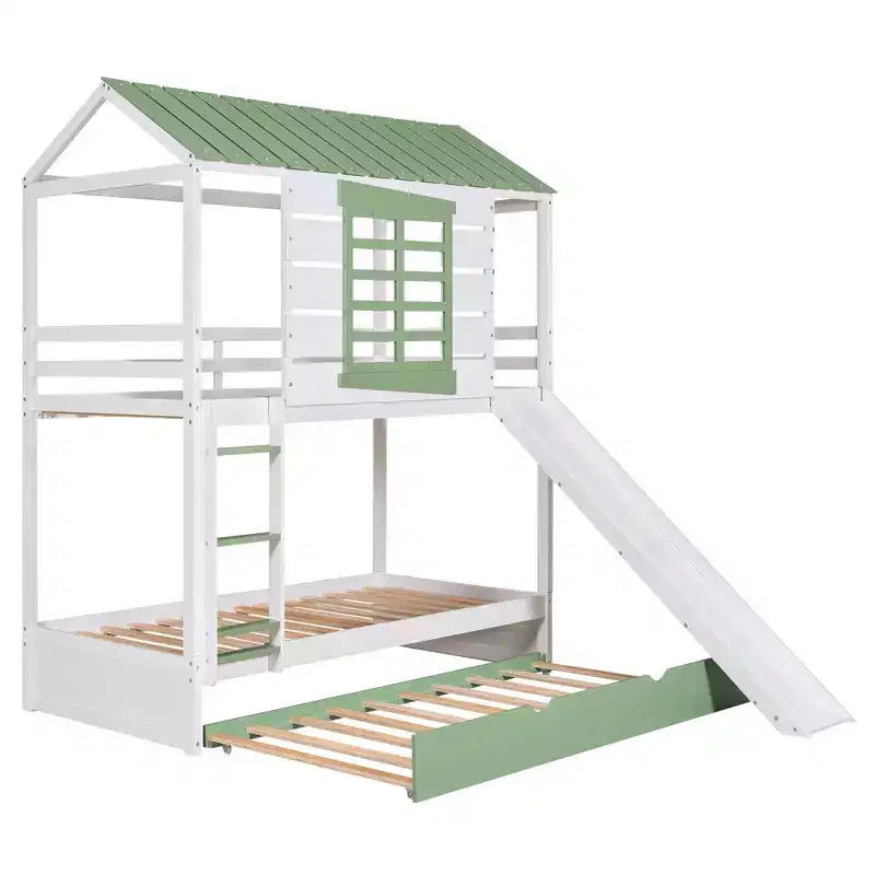 Twin over Twin Bunk Bed with Convertible Slide and Trundle, White+Green