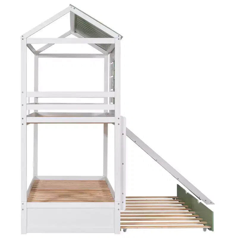 Twin over Twin Bunk Bed with Convertible Slide and Trundle, White+Green