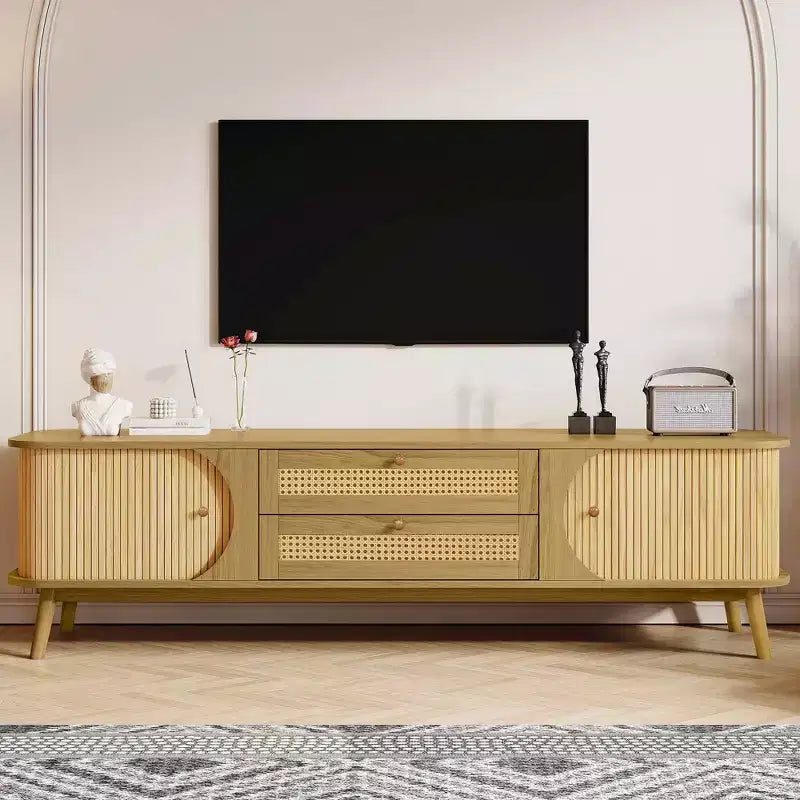 MAYEERTY Rattan TV Stand for TVs up to 75, Modern Framhouse Media Console, Entertainment Center with Solid Wood Legs for Living Room Natural Wood