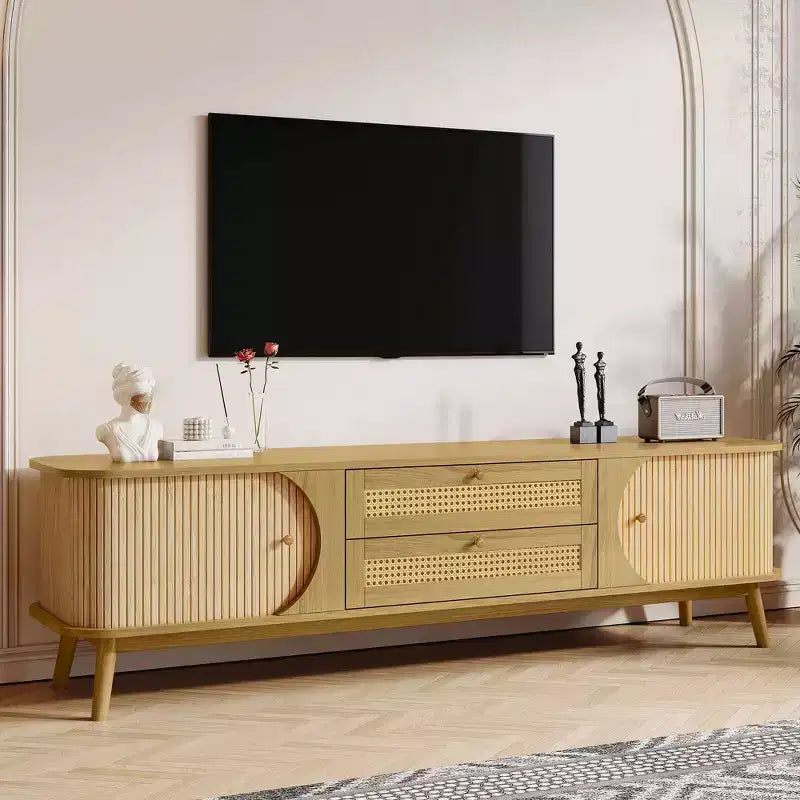 Rattan TV Stand for TVs up to 75", Farmhouse Media Console with Solid Wood Legs