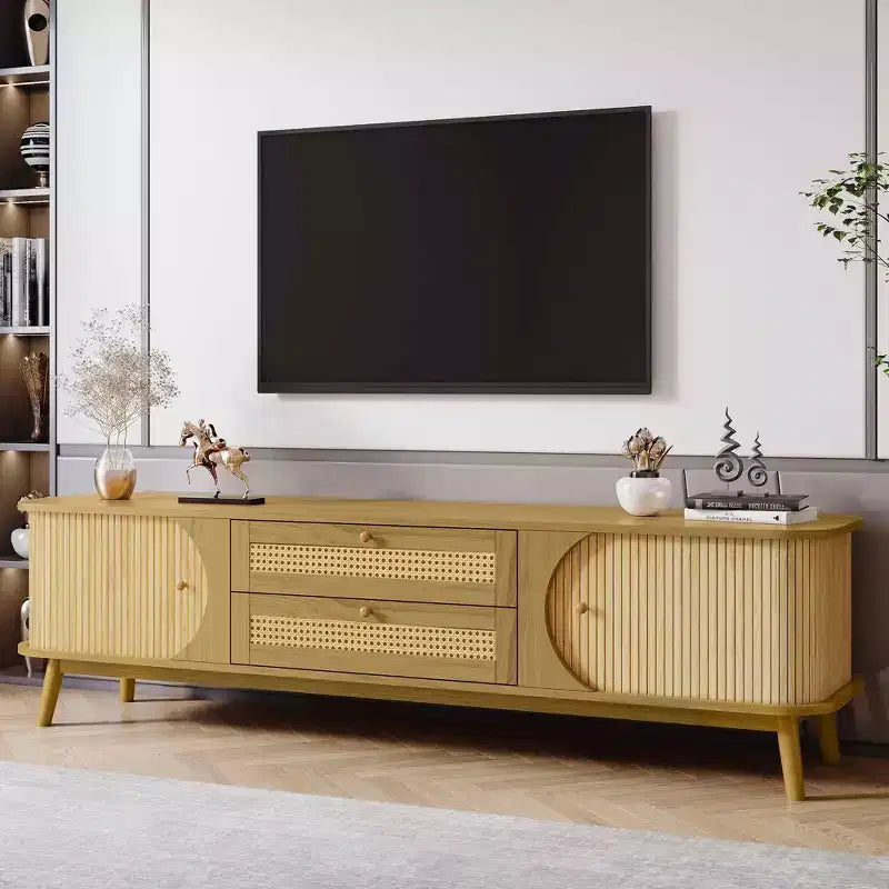 Rattan TV Stand for TVs up to 75", Farmhouse Media Console with Solid Wood Legs