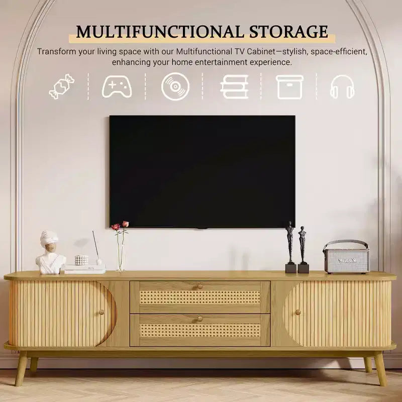 Rattan TV Stand for TVs up to 75", Farmhouse Media Console with Solid Wood Legs