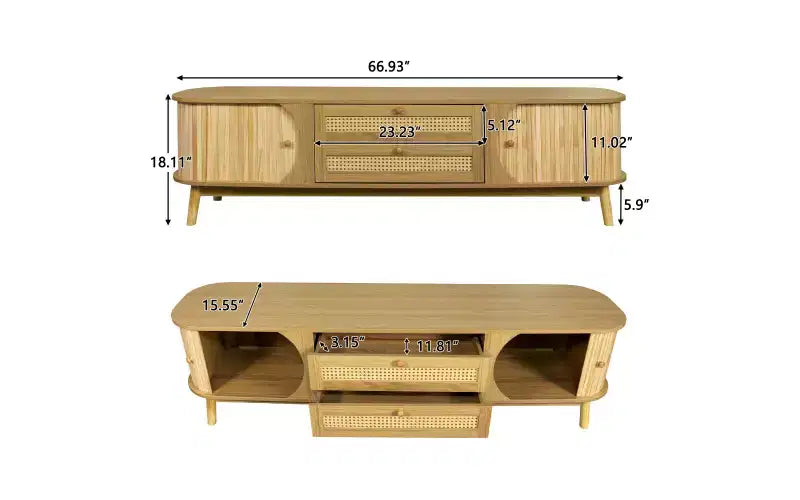 Rattan TV Stand for TVs up to 75", Farmhouse Media Console with Solid Wood Legs