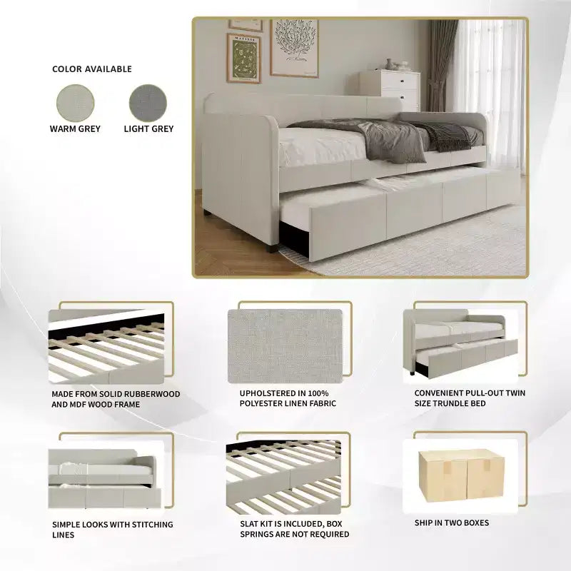 Twin Size Daybed in Linen with Trundle