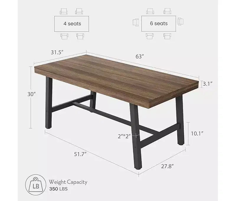 Industrial Dining Table for 6-8 People, Large Wooden Kitchen Table with Sturdy Metal Frame, Long Rectangular Dining Table Seats 6