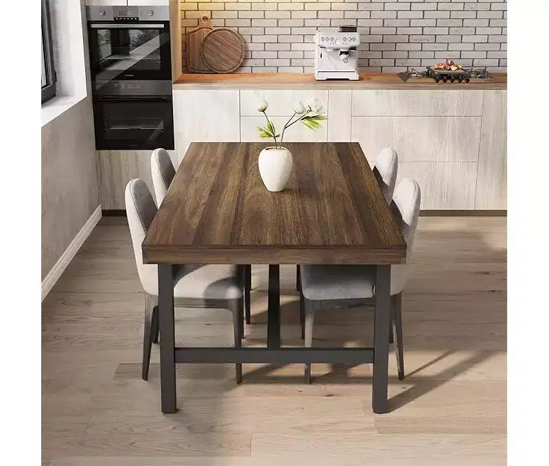 Industrial Dining Table for 6-8 People, Large Wooden Kitchen Table with Sturdy Metal Frame, Long Rectangular Dining Table Seats 6
