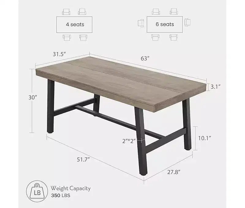 Industrial Dining Table for 6-8 People, Large Wooden Kitchen Table with Sturdy Metal Frame, Long Rectangular Dining Table Seats 6
