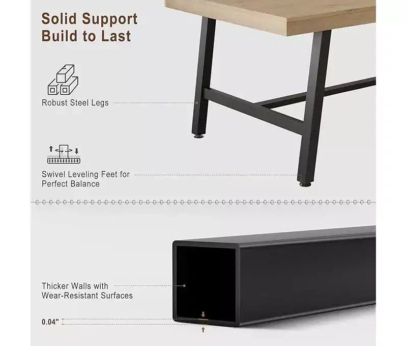 Industrial Dining Table for 6-8 People, Large Wooden Kitchen Table with Sturdy Metal Frame, Long Rectangular Dining Table Seats 6