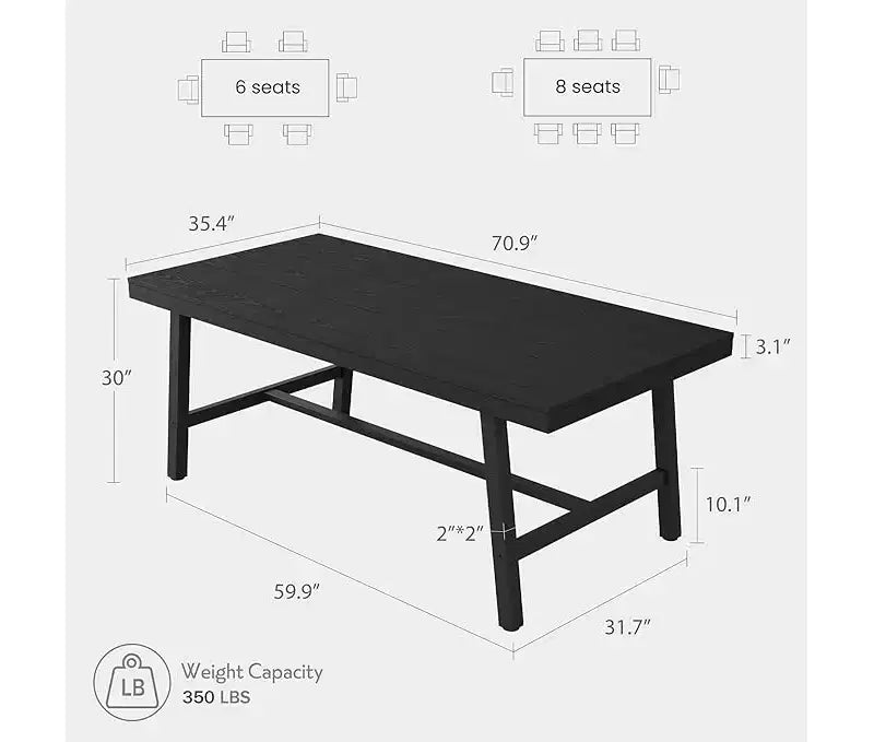 Industrial Dining Table for 6-8 People, Large Wooden Kitchen Table with Sturdy Metal Frame, Long Rectangular Dining Table Seats 6