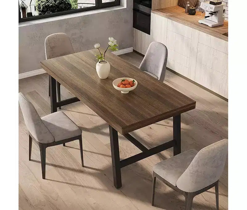 Industrial Dining Table for 6-8 People, Large Wooden Kitchen Table with Sturdy Metal Frame, Long Rectangular Dining Table Seats 6