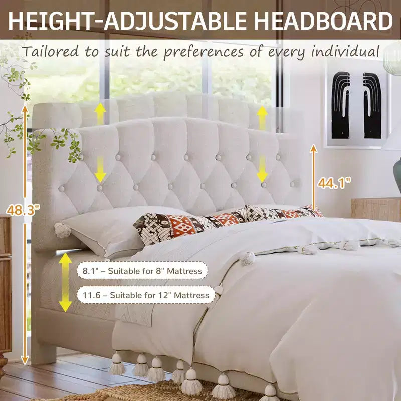 Upholstered Platform Bed with Adjustable Saddle-Curved Headboard