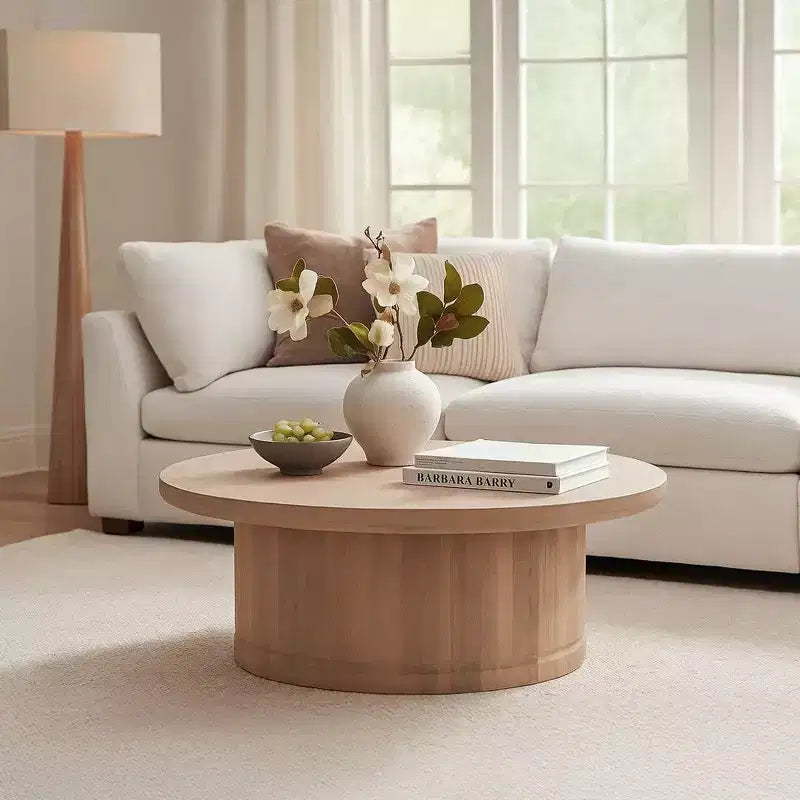 Royal Hampton Coffee Table | 47 Inch Round Top | Handcrafted Beige Mango Wood Pedestal Base