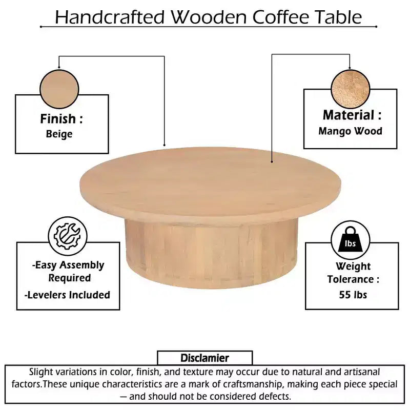 47 Inch Round Coffee Table, Handcrafted Beige Mango Wood Pedestal Base