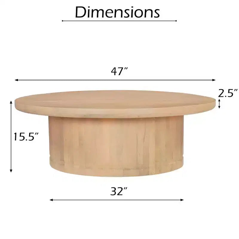47 Inch Round Coffee Table, Handcrafted Beige Mango Wood Pedestal Base