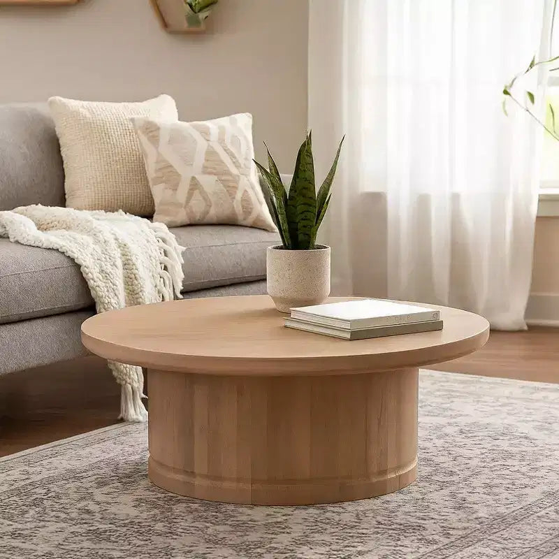 47 Inch Round Coffee Table, Handcrafted Beige Mango Wood Pedestal Base