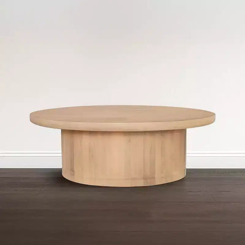 47 Inch Round Coffee Table, Handcrafted Beige Mango Wood Pedestal Base