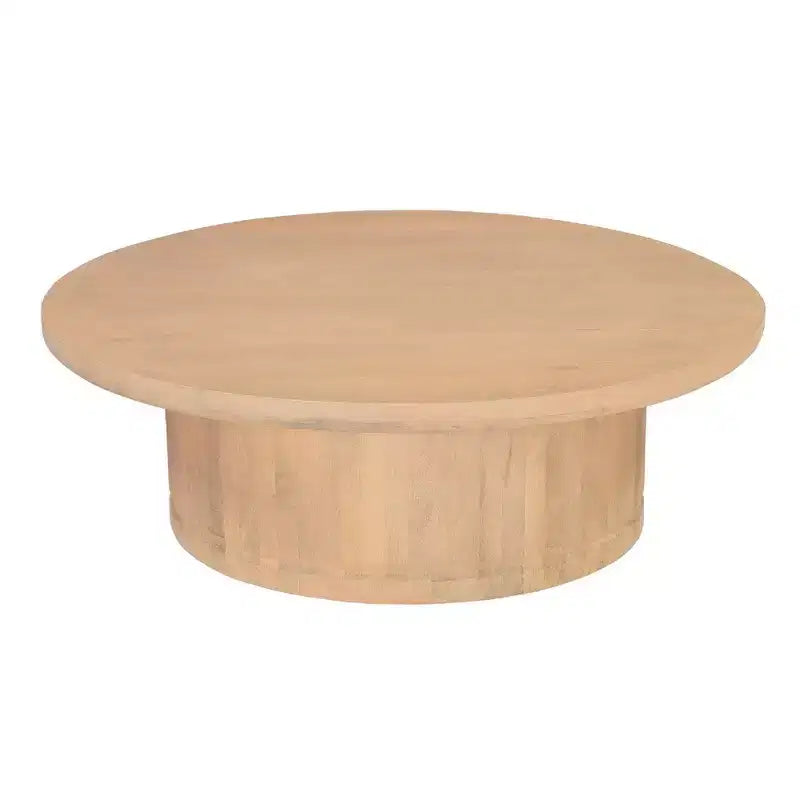 47 Inch Round Coffee Table, Handcrafted Beige Mango Wood Pedestal Base