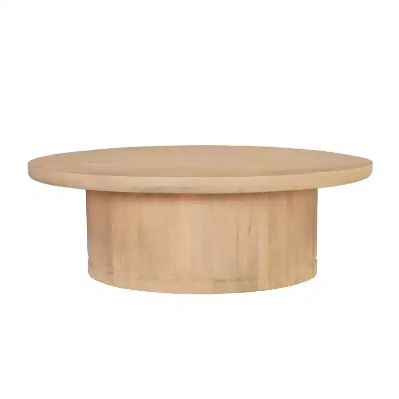 47 Inch Round Coffee Table, Handcrafted Beige Mango Wood Pedestal Base
