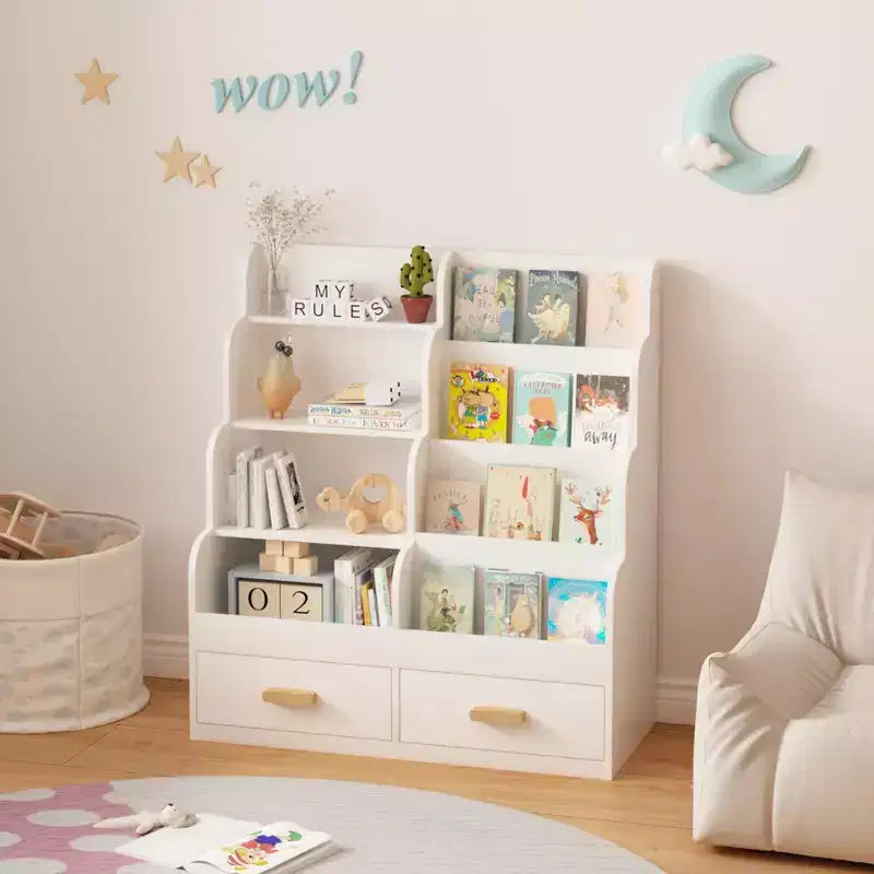 Kids Bookshelf with 2 Storage Drawers, Front-Facing Children's Bookcase and Toy Organizer, Multi-Tier Reading Shelf for Toddlers White