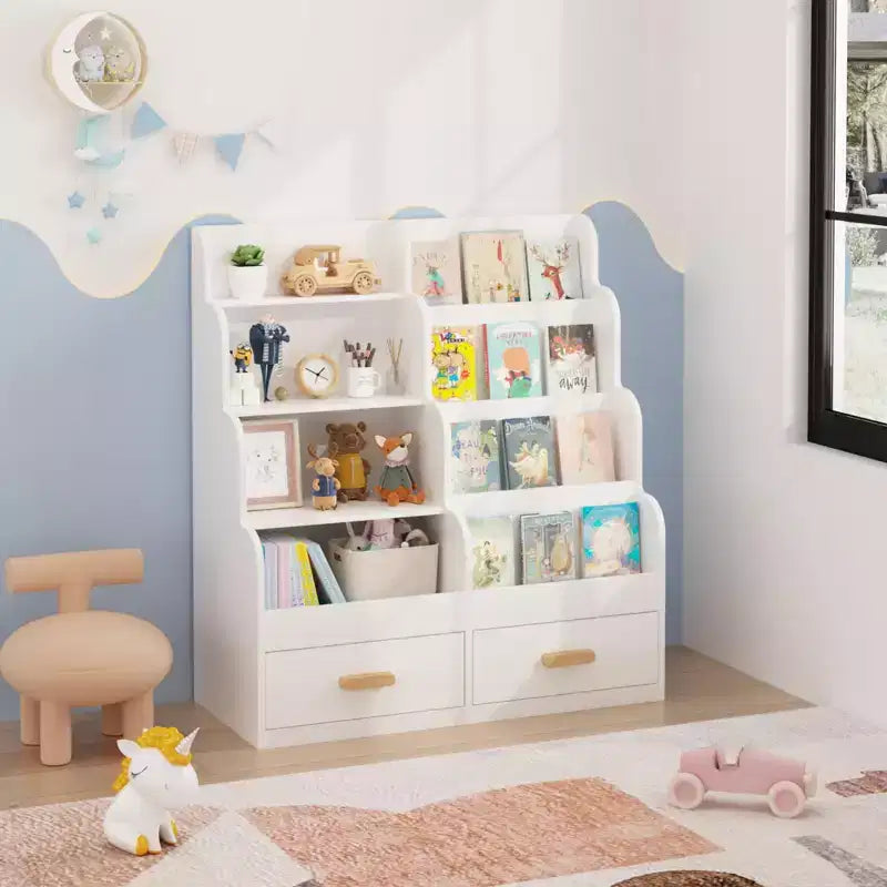 Kids Bookshelf with 2 Storage Drawers, Front-Facing Children's Bookcase and Toy Organizer, Multi-Tier Reading Shelf for Toddlers White