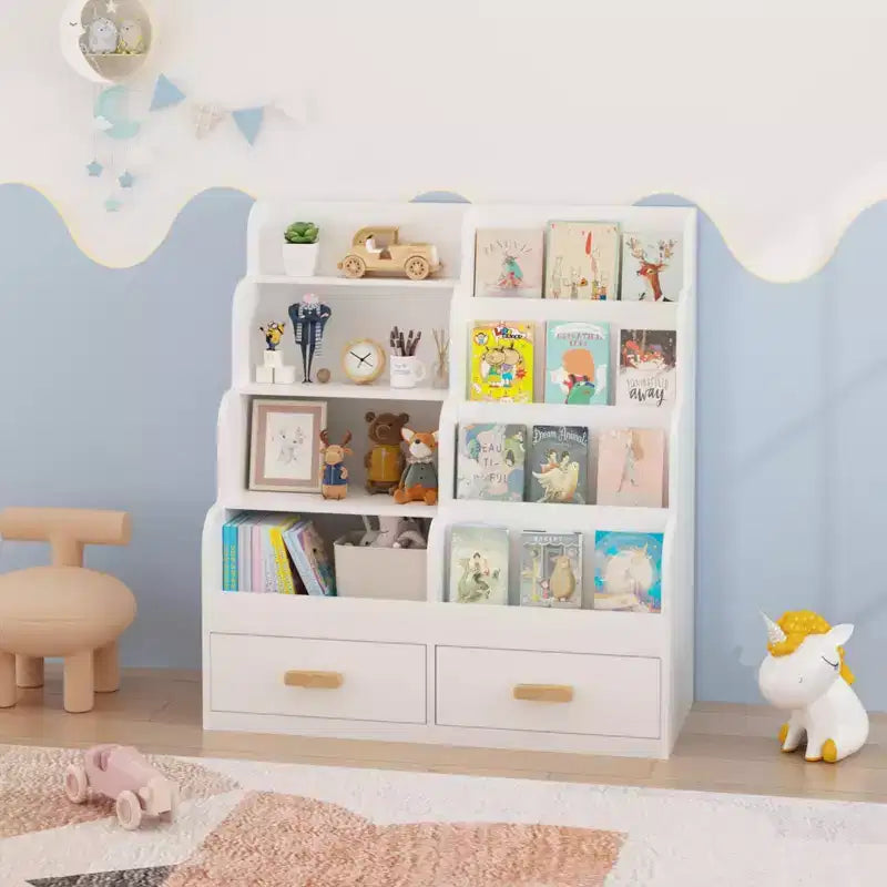Kids Bookshelf with 2 Storage Drawers, Front-Facing Children's Bookcase and Toy Organizer, Multi-Tier Reading Shelf for Toddlers White