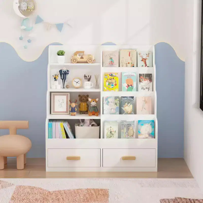 Kids Bookshelf with 2 Storage Drawers, Front-Facing Children's Bookcase and Toy Organizer, Multi-Tier Reading Shelf for Toddlers White