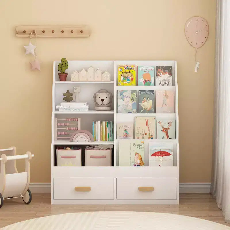 Kids Bookshelf with 2 Storage Drawers, Front-Facing Children's Bookcase and Toy Organizer, Multi-Tier Reading Shelf for Toddlers White
