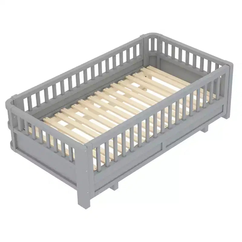 Platform Bed with Guardrails, Solid Wood Twin Bed Frame, Convertible to Double Twin