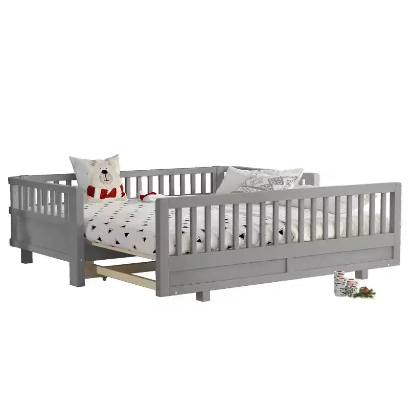 Platform Bed with Guardrails, Solid Wood Twin Bed Frame, Convertible to Double Twin