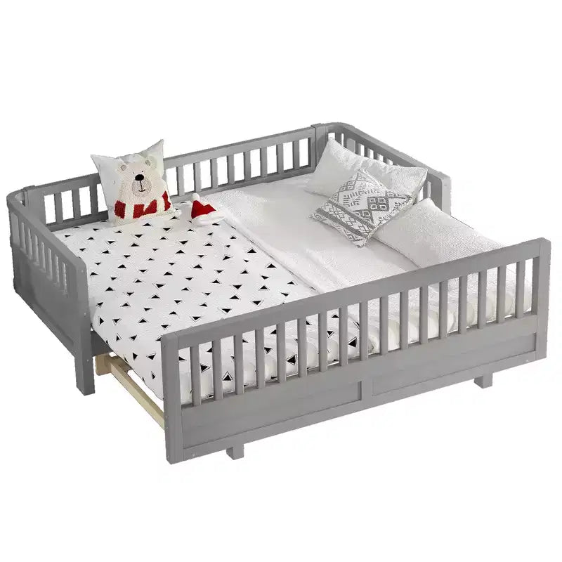 Platform Bed with Guardrails, Solid Wood Twin Bed Frame, Convertible to Double Twin