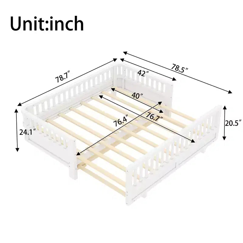 Platform Bed with Guardrails, Solid Wood Twin Bed Frame, Convertible to Double Twin