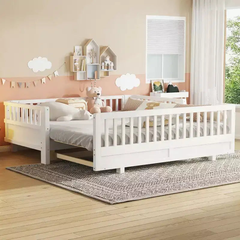 Platform Bed with Guardrails, Solid Wood Twin Bed Frame, Convertible to Double Twin