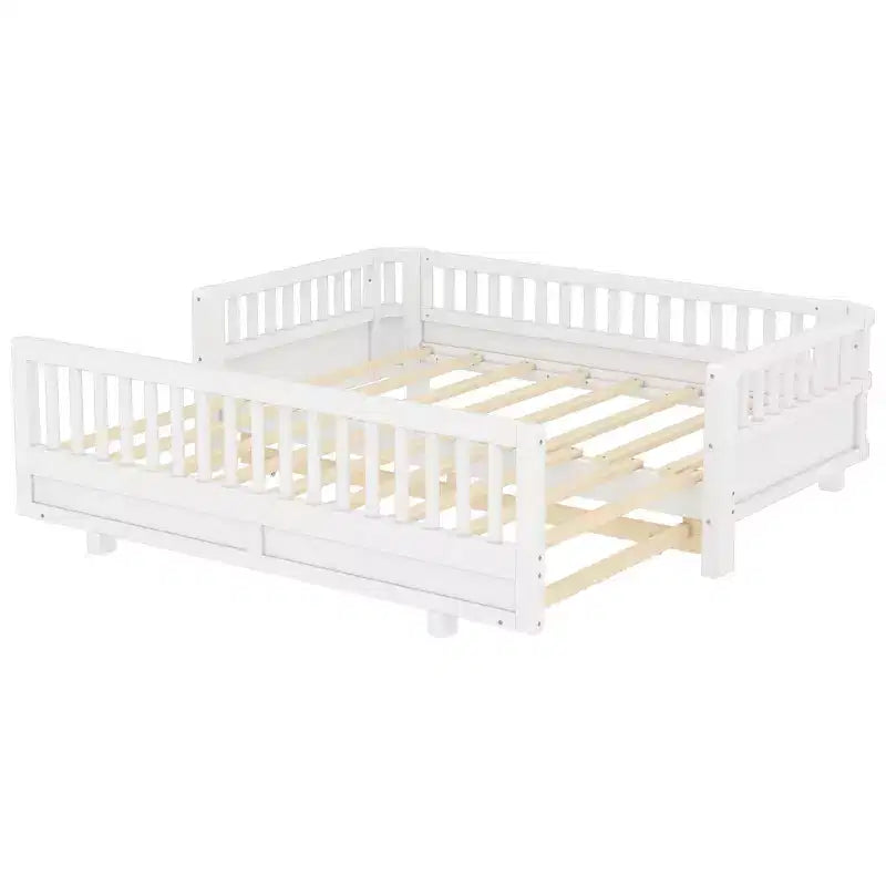 Platform Bed with Guardrails, Solid Wood Twin Bed Frame, Convertible to Double Twin
