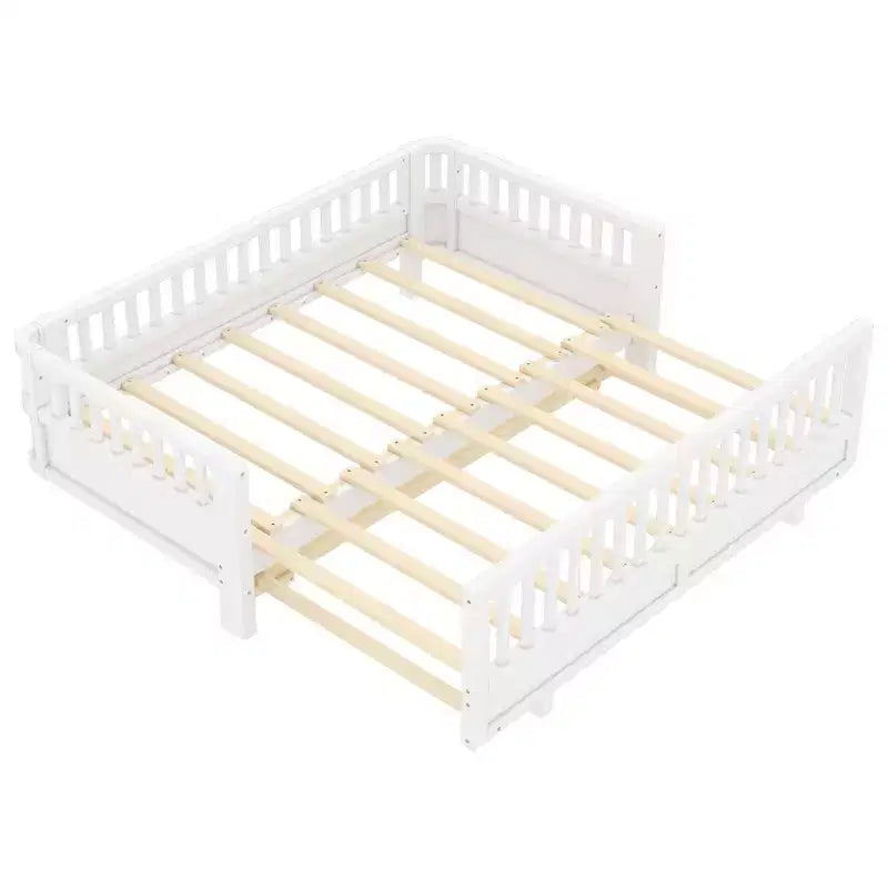 Platform Bed with Guardrails, Solid Wood Twin Bed Frame, Convertible to Double Twin