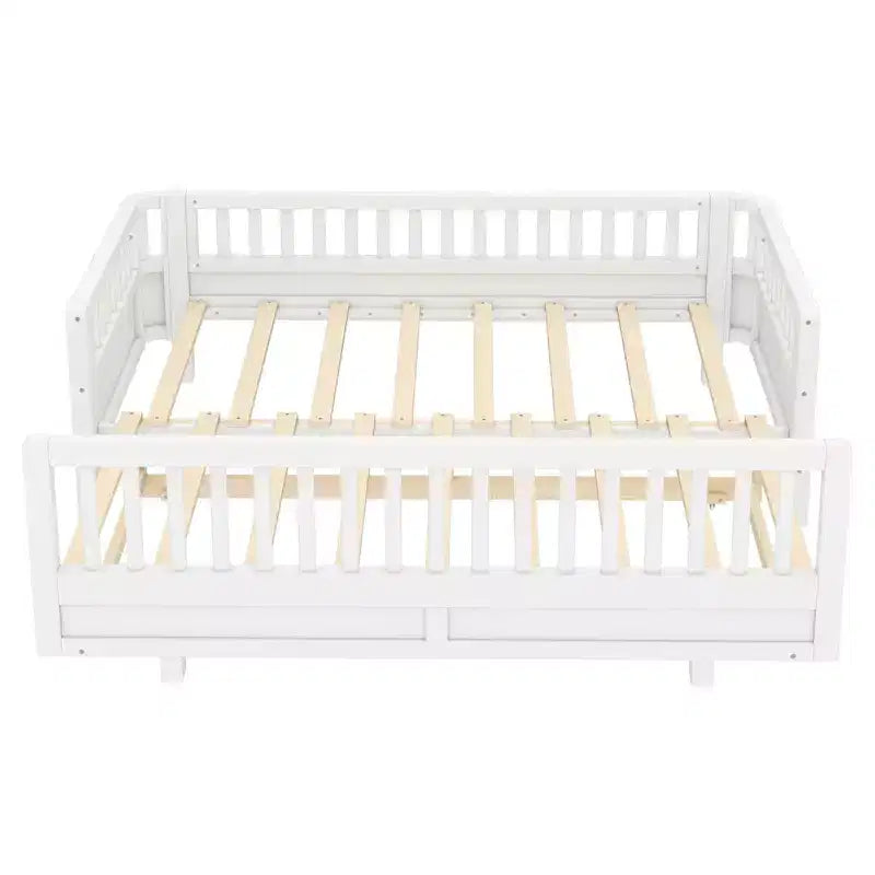 Platform Bed with Guardrails, Solid Wood Twin Bed Frame, Convertible to Double Twin