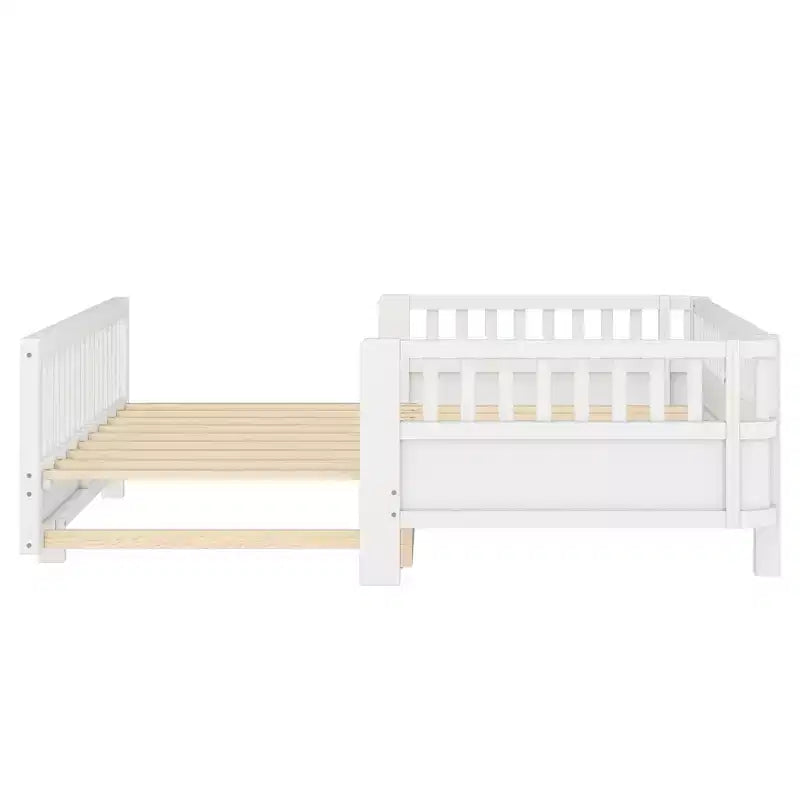 Platform Bed with Guardrails, Solid Wood Twin Bed Frame, Convertible to Double Twin