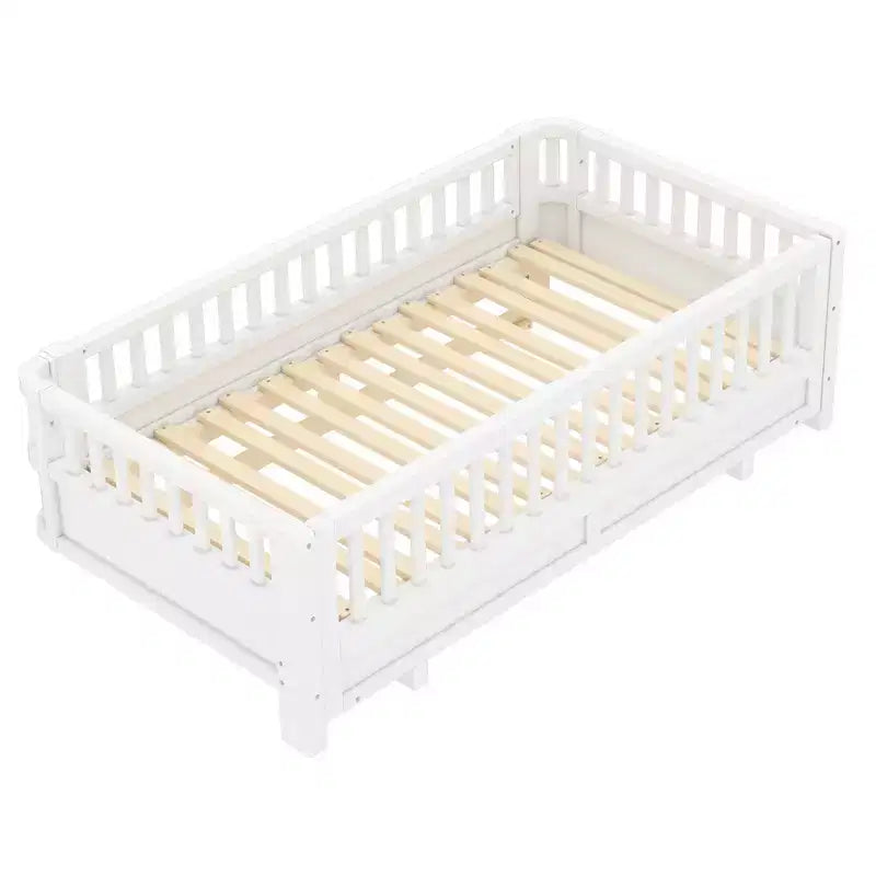 Platform Bed with Guardrails, Solid Wood Twin Bed Frame, Convertible to Double Twin