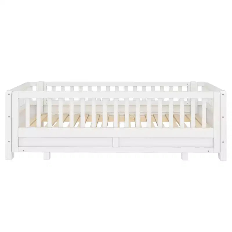 Platform Bed with Guardrails, Solid Wood Twin Bed Frame, Convertible to Double Twin