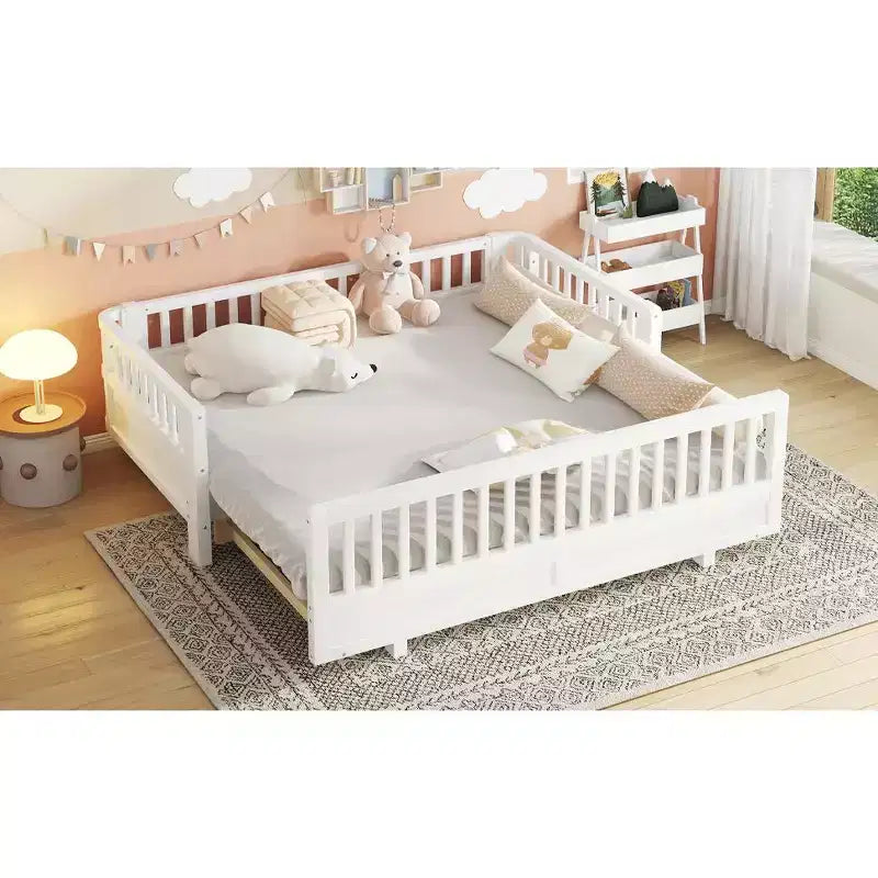 Platform Bed with Guardrails, Solid Wood Twin Bed Frame, Convertible to Double Twin