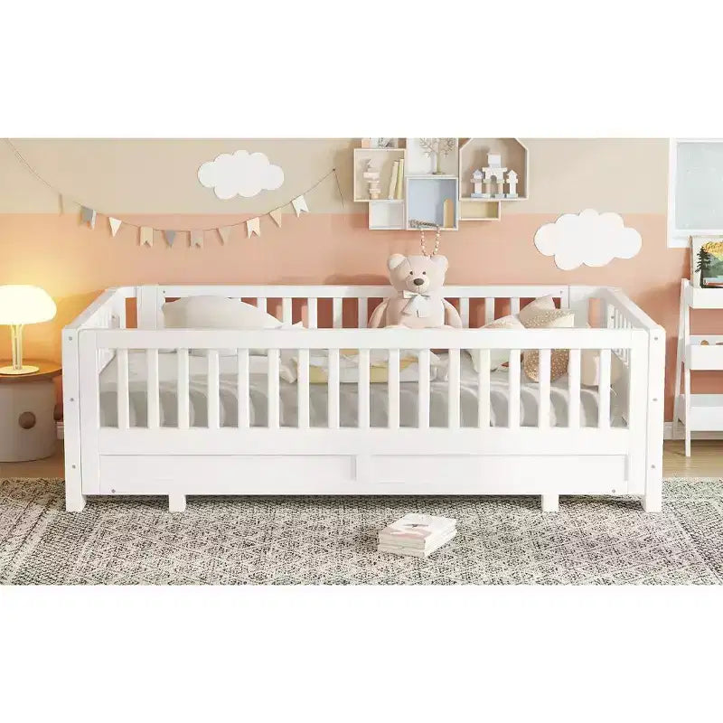 Platform Bed with Guardrails, Solid Wood Twin Bed Frame, Convertible to Double Twin