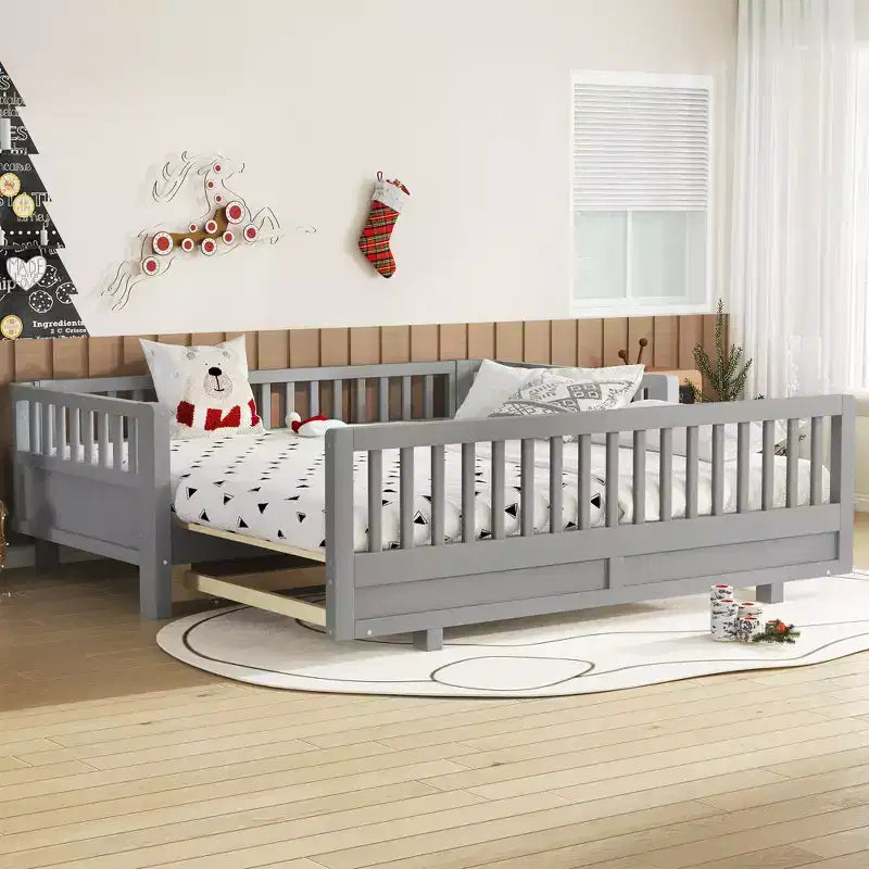 Platform Bed with Guardrails, Solid Wood Twin Bed Frame, Convertible to Double Twin