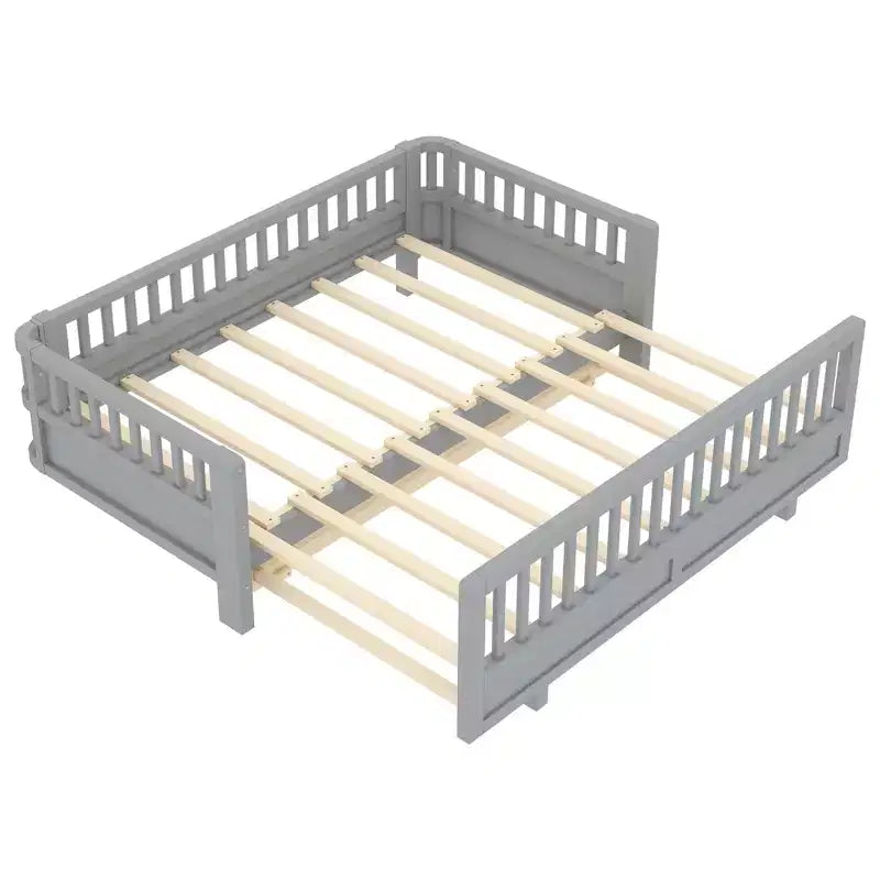 Platform Bed with Guardrails, Solid Wood Twin Bed Frame, Convertible to Double Twin
